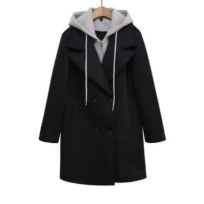 Loose double breasted detachable hooded coat for women